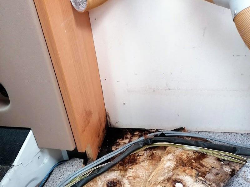 Detailansicht eines Wasserschadens im Wohnmobil am Fußboden. Schwarzer Schimmel auf Boden und an Ecke